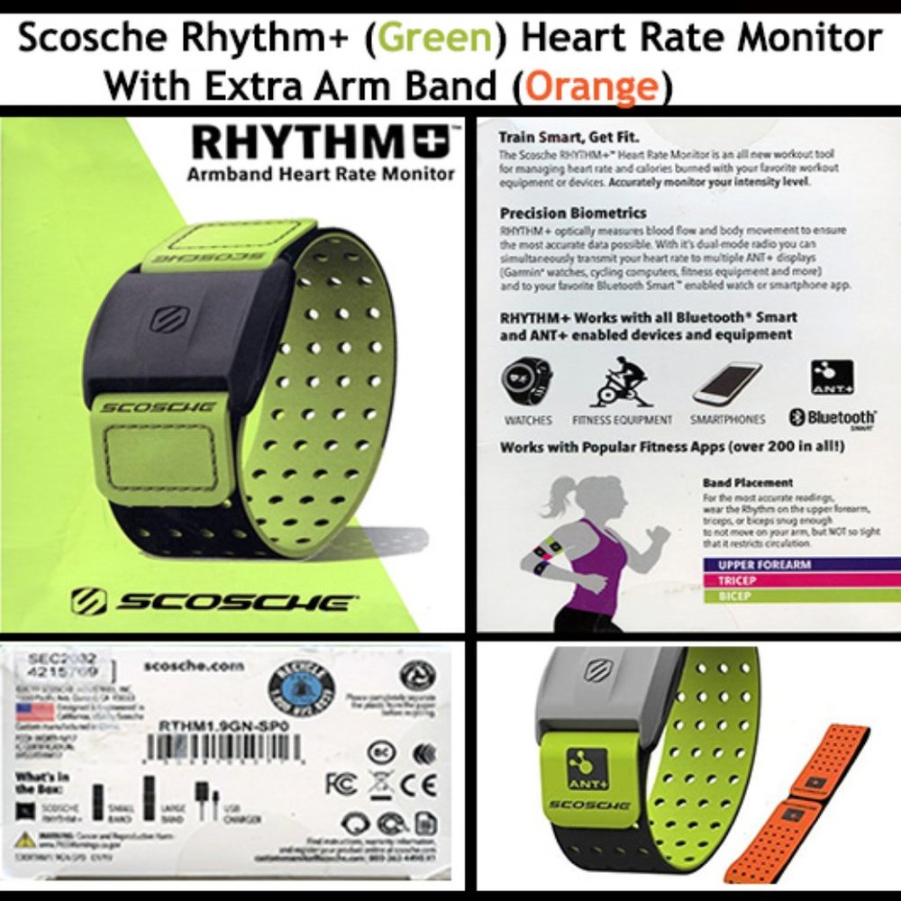 Scosche Rhythm+ (Green) Heart Rate Monitor With Extra Arm Band (Orange)